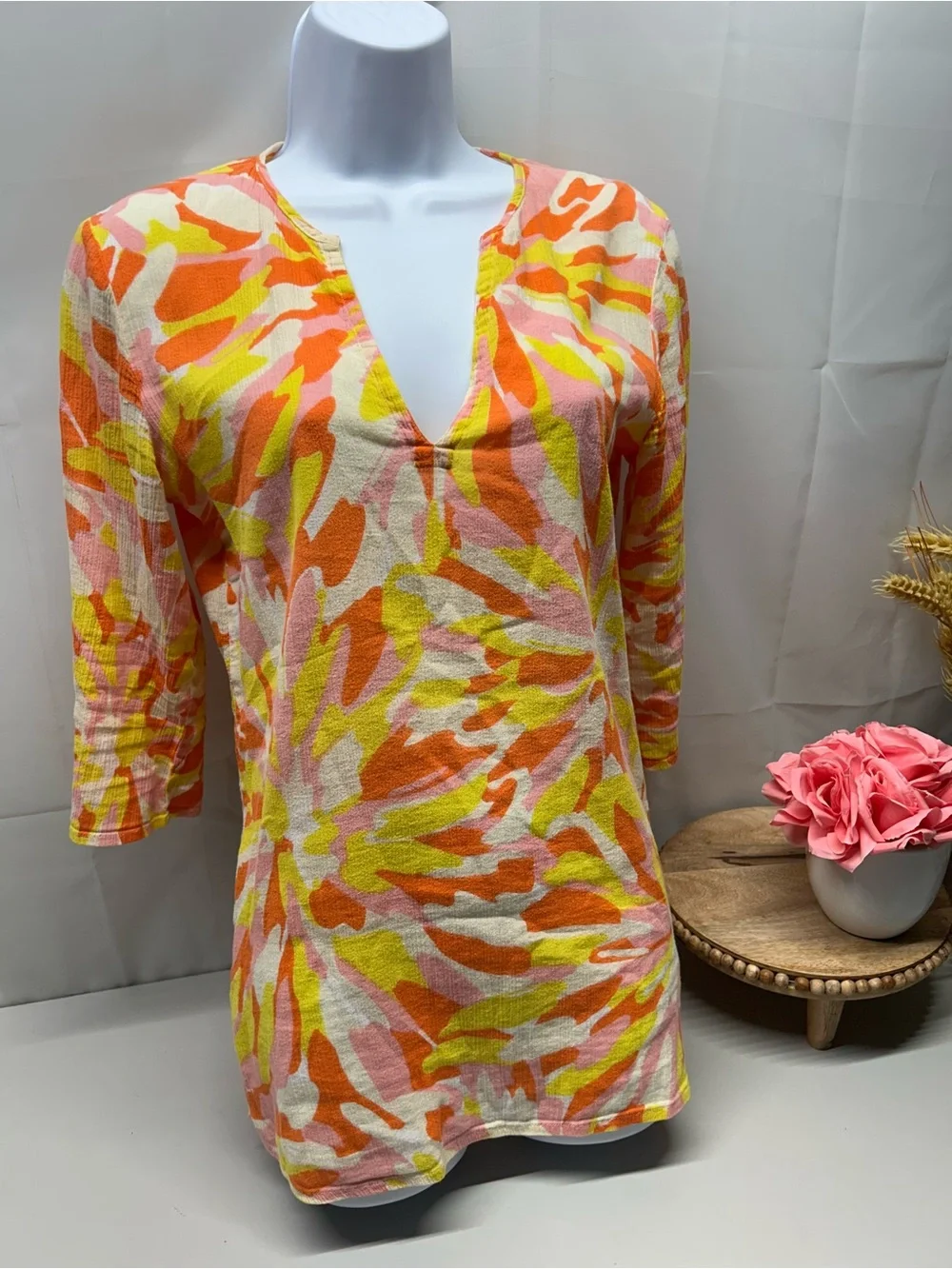 J. Crew Pink, Yellow & Orange Abstract Floral V-Neck Tunic small